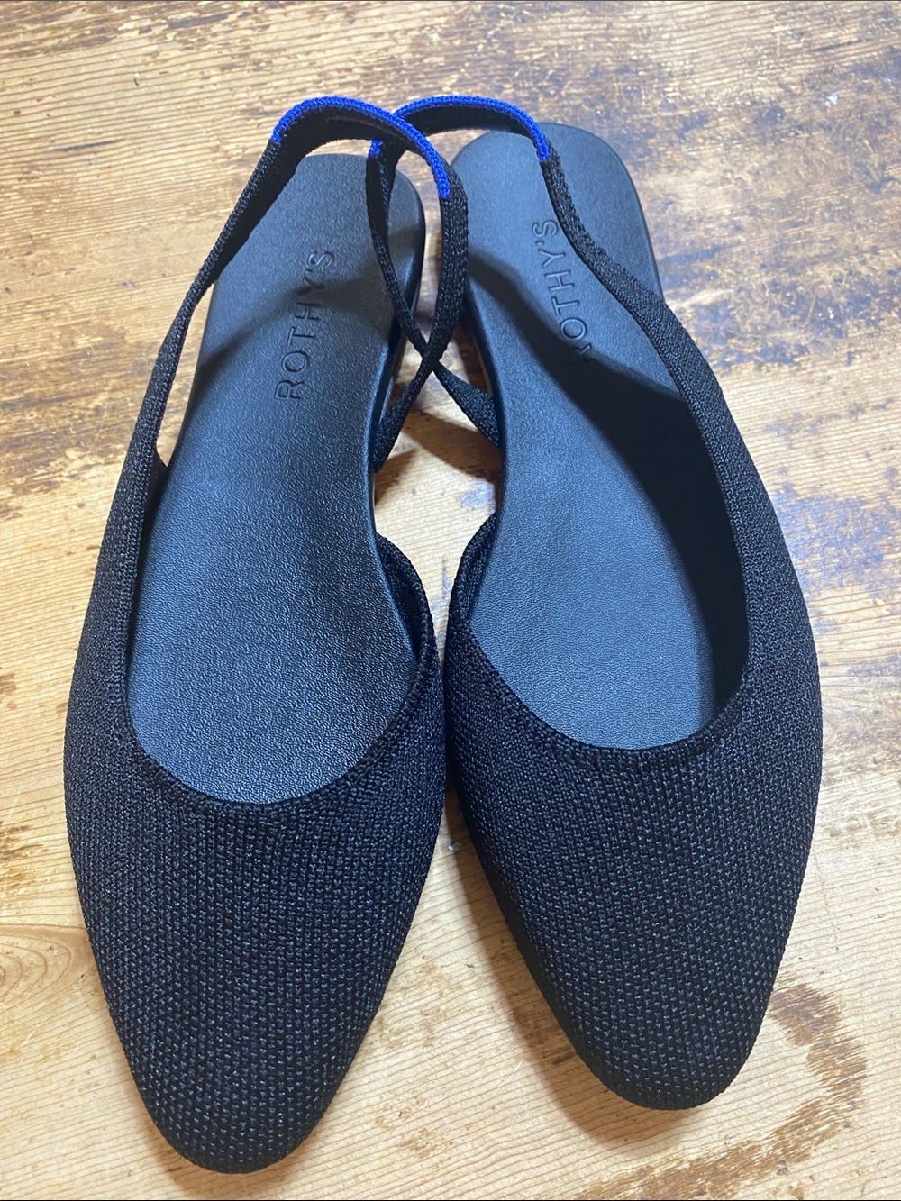 Rothy's Black Pointed Knit Slingback Flats with Blue Accent